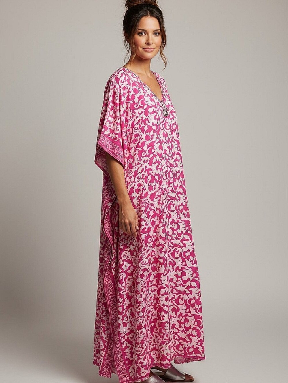 Joan Rivers Beaded Glam V-Neck Kaftan Maxi Dress Pink & White Loungewear Medium